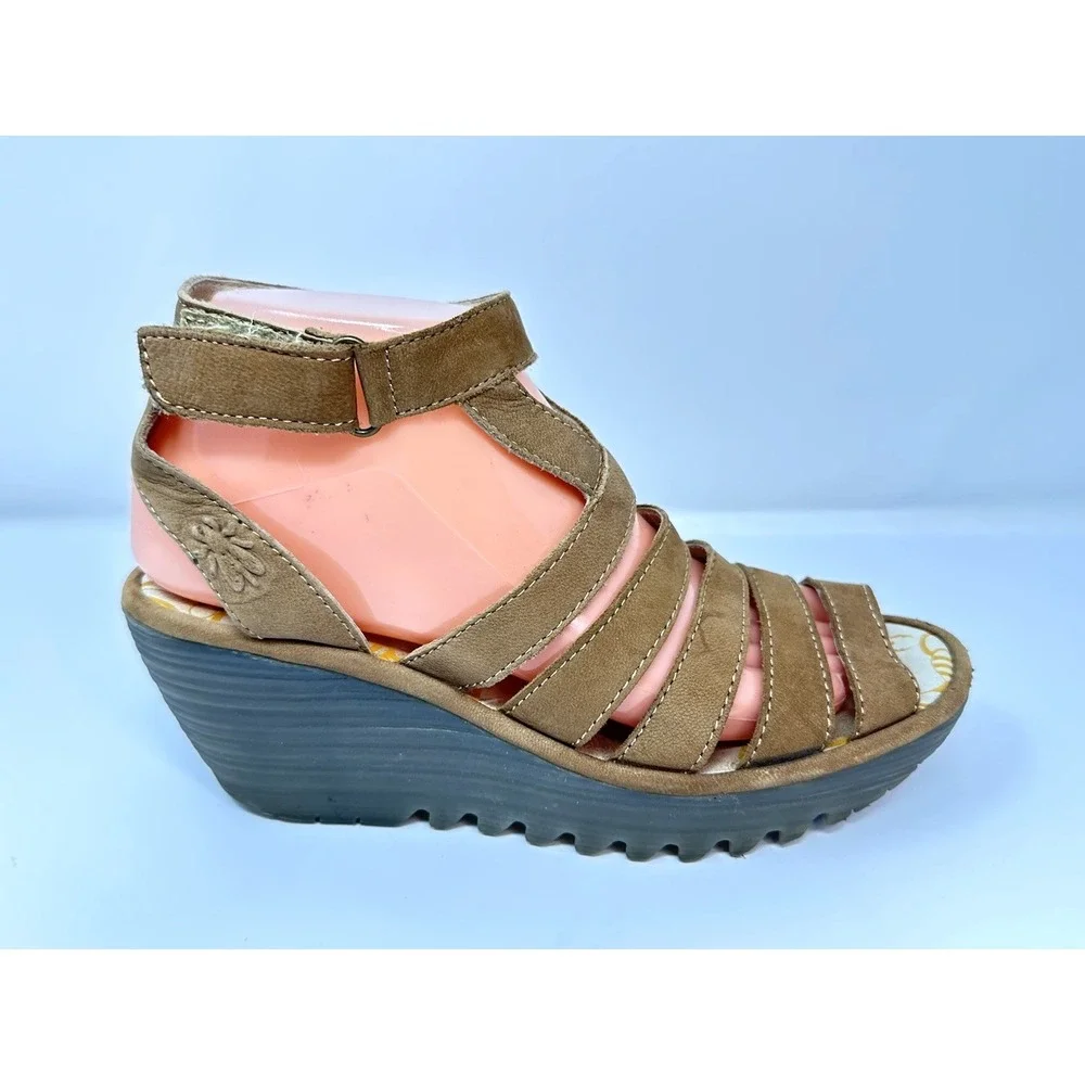 Fly London Yeba Tan Leather Strappy Wedge Sandals Womens EU 38 US 7.5-8 Comfort